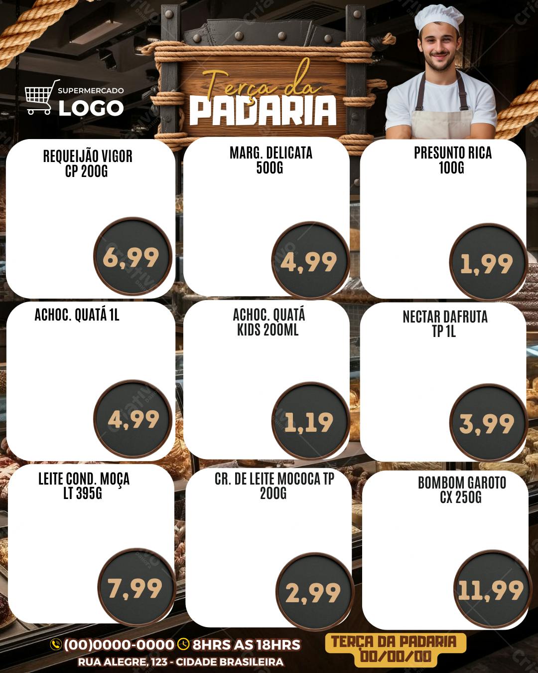 Template de Flyer Terça da Padaria com preços de produtos Editável no Canva
