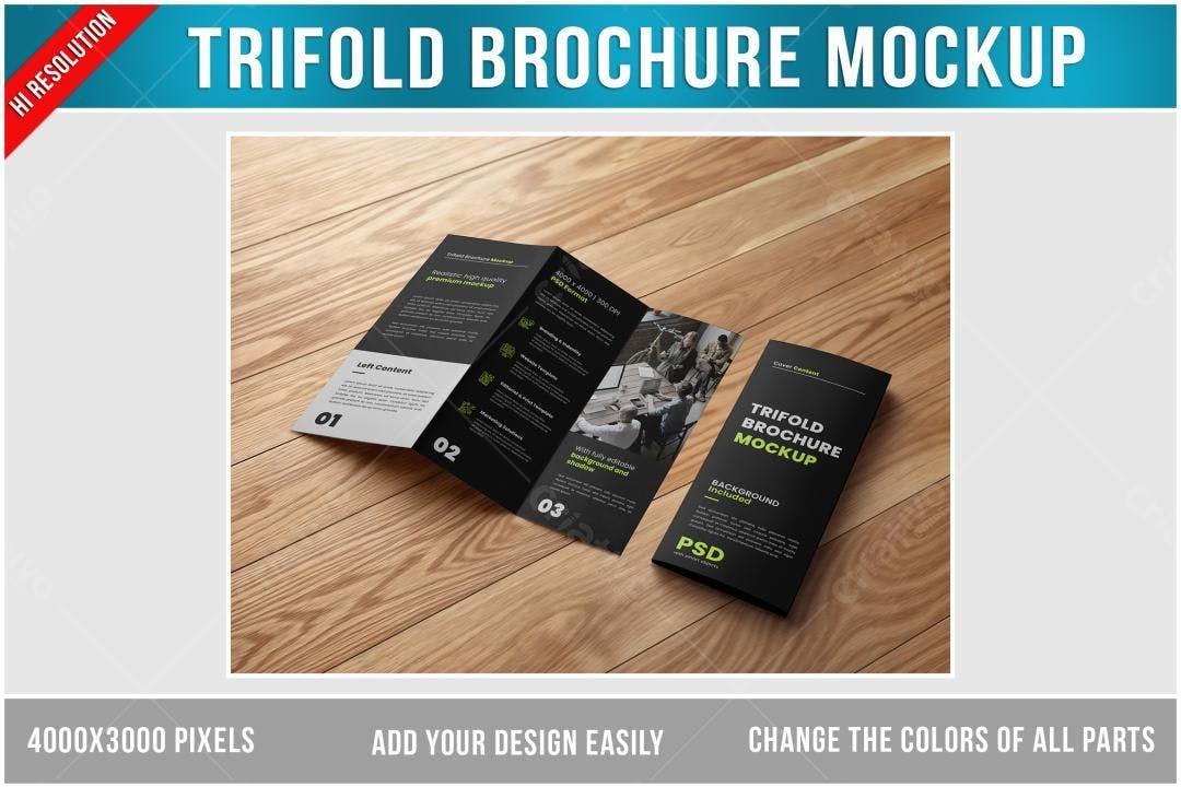 Mockup de Panfleto Trifold Preto e Cinza em Mesa de Madeira