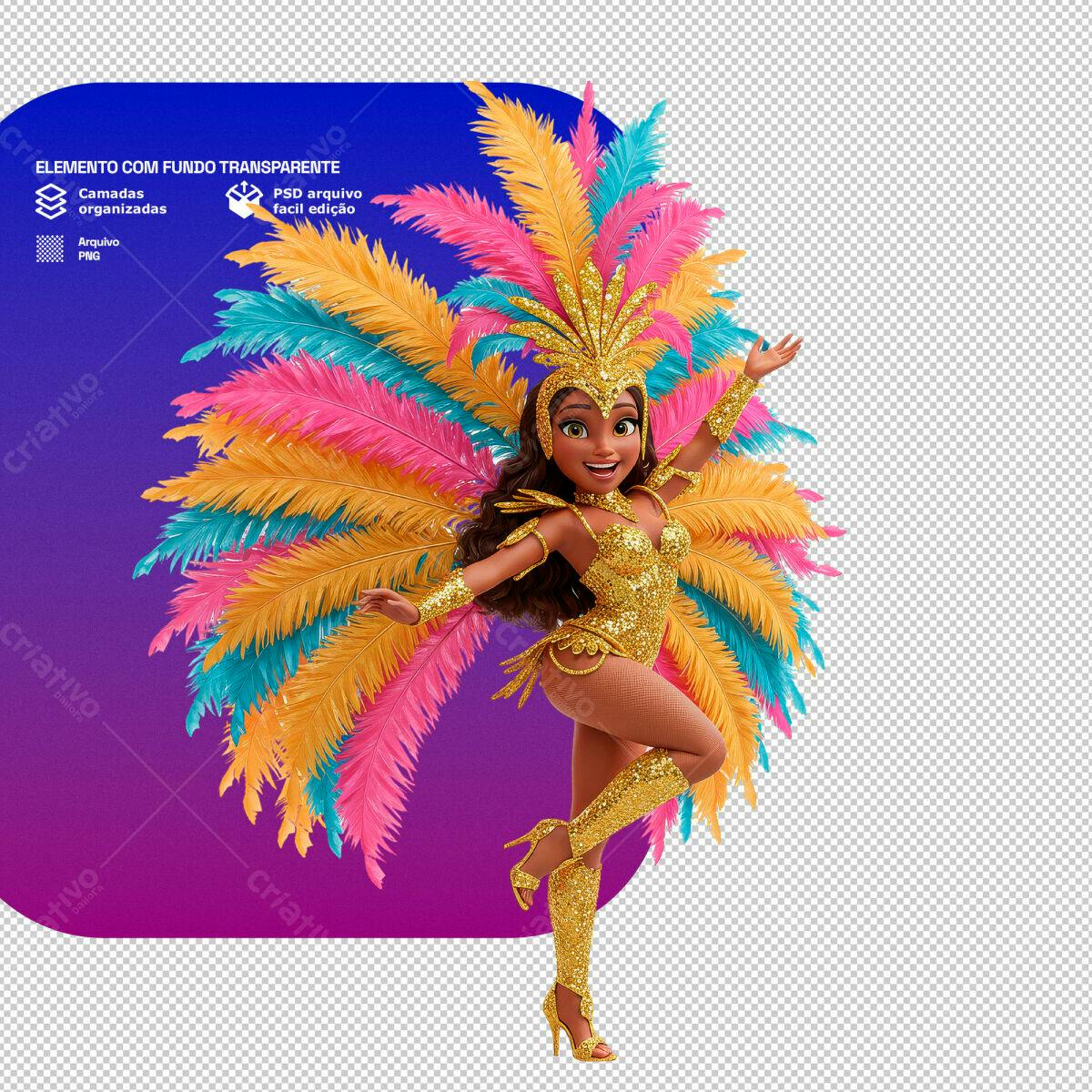 PSD para Carnaval com Rainha em Figurino Dourado e Plumas PSD Editável