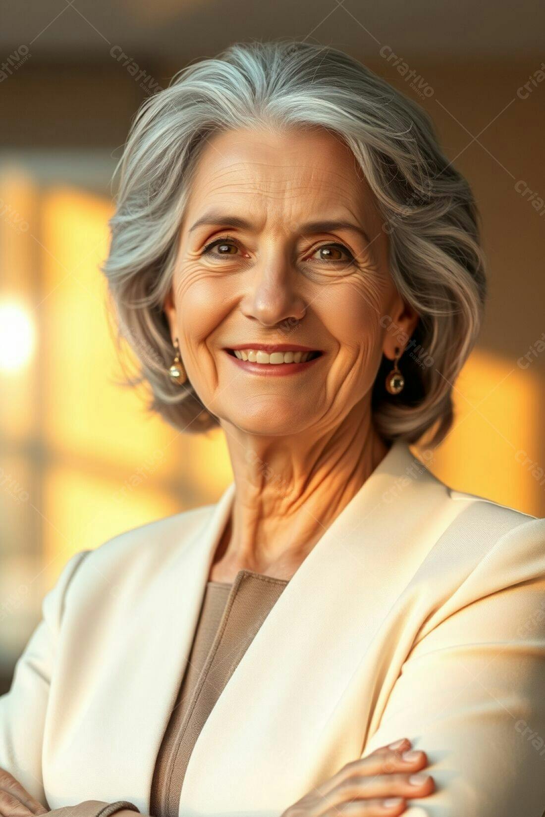 Mulher madura sorridente com cabelo grisalho