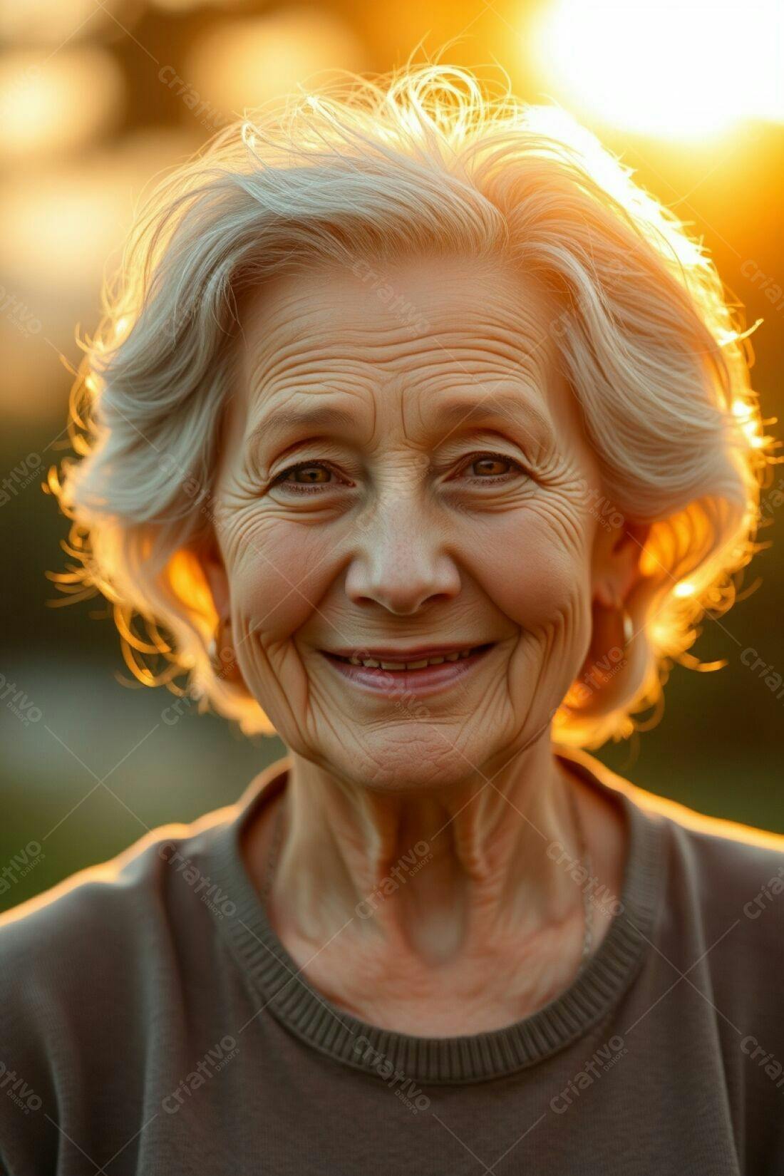 Mulher idosa sorrindo ao entardecer