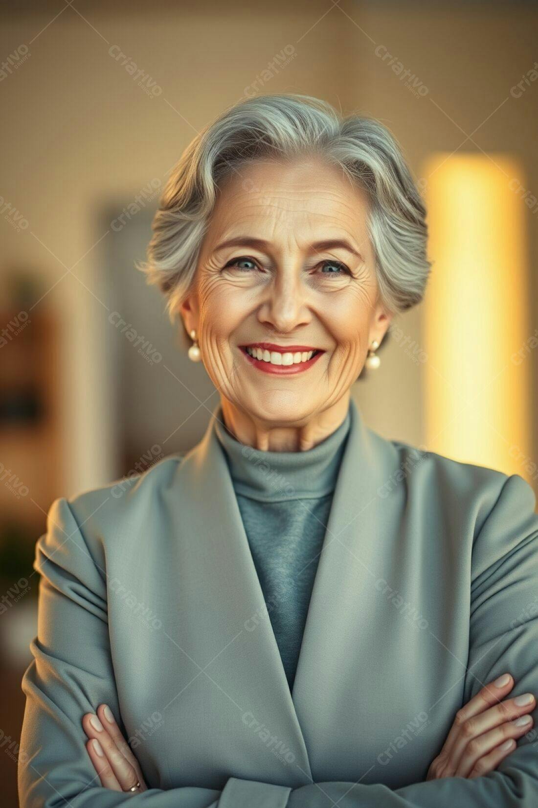 Mulher madura sorridente traje cinza