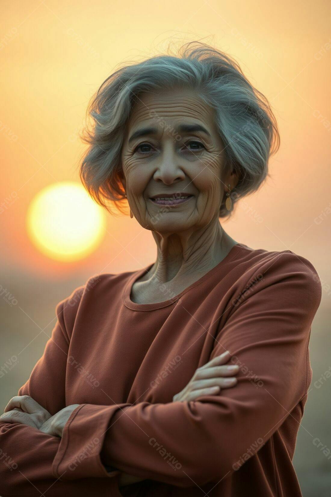 Idosa sorridente ao pôr do sol
