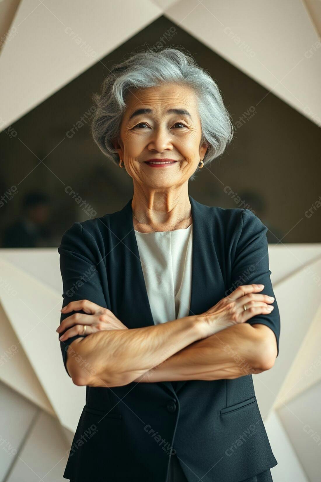 Mulher idosa asiática confiante braços cruzados