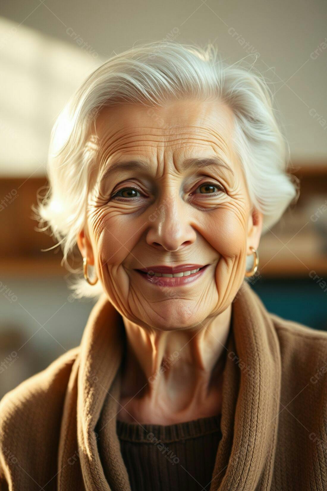 Mulher idosa sorrindo retrato tons terrosos