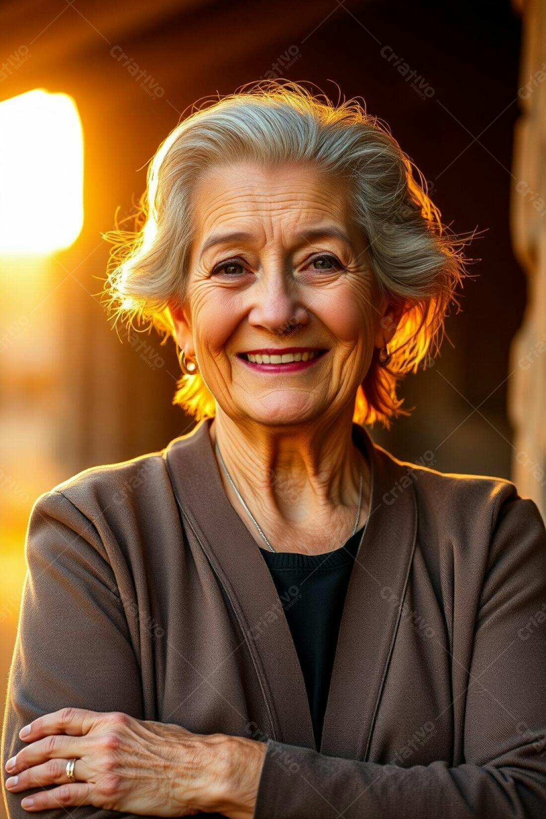 Mulher idosa sorrindo ao pôr do sol