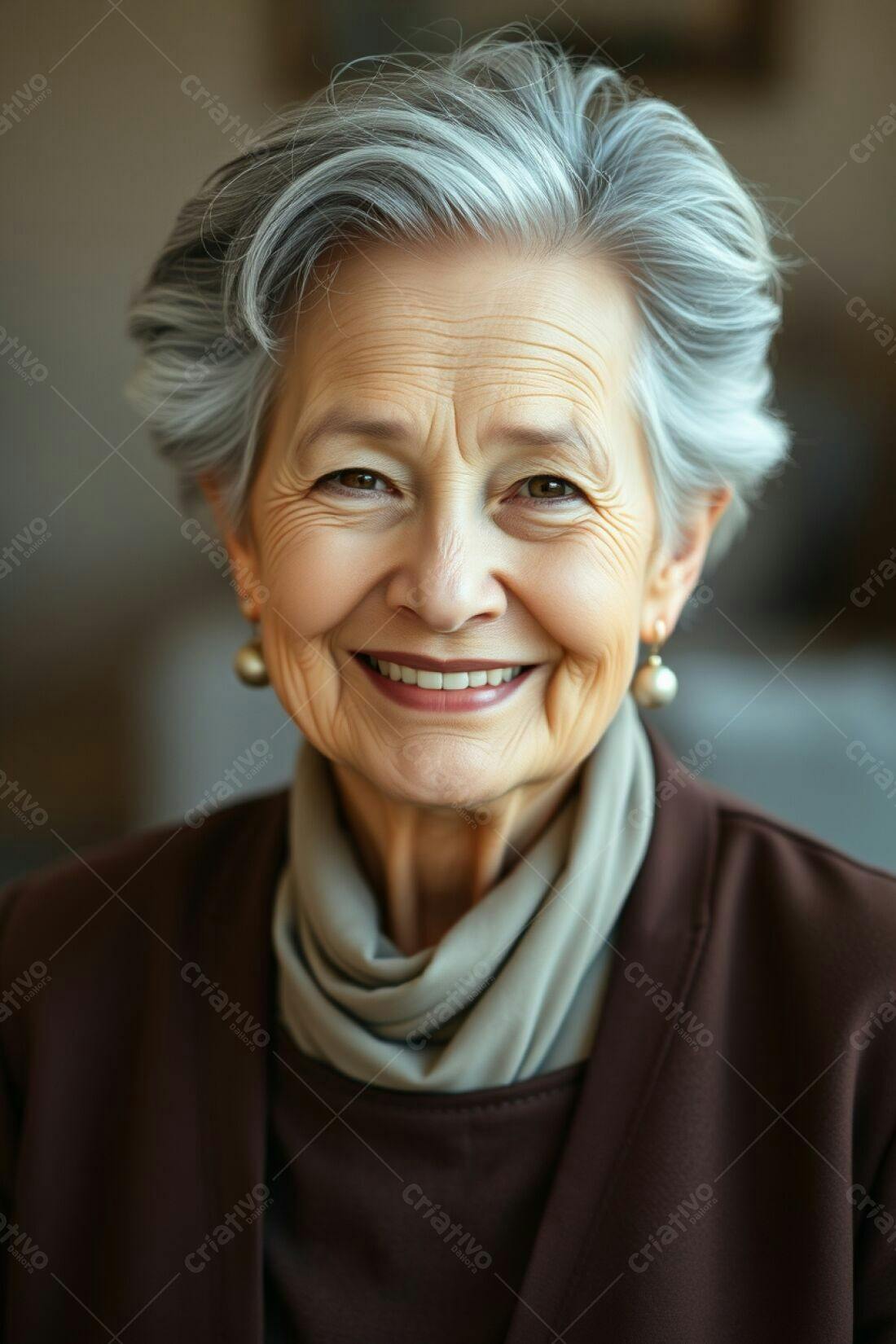 Mulher idosa sorridente cabelo grisalho