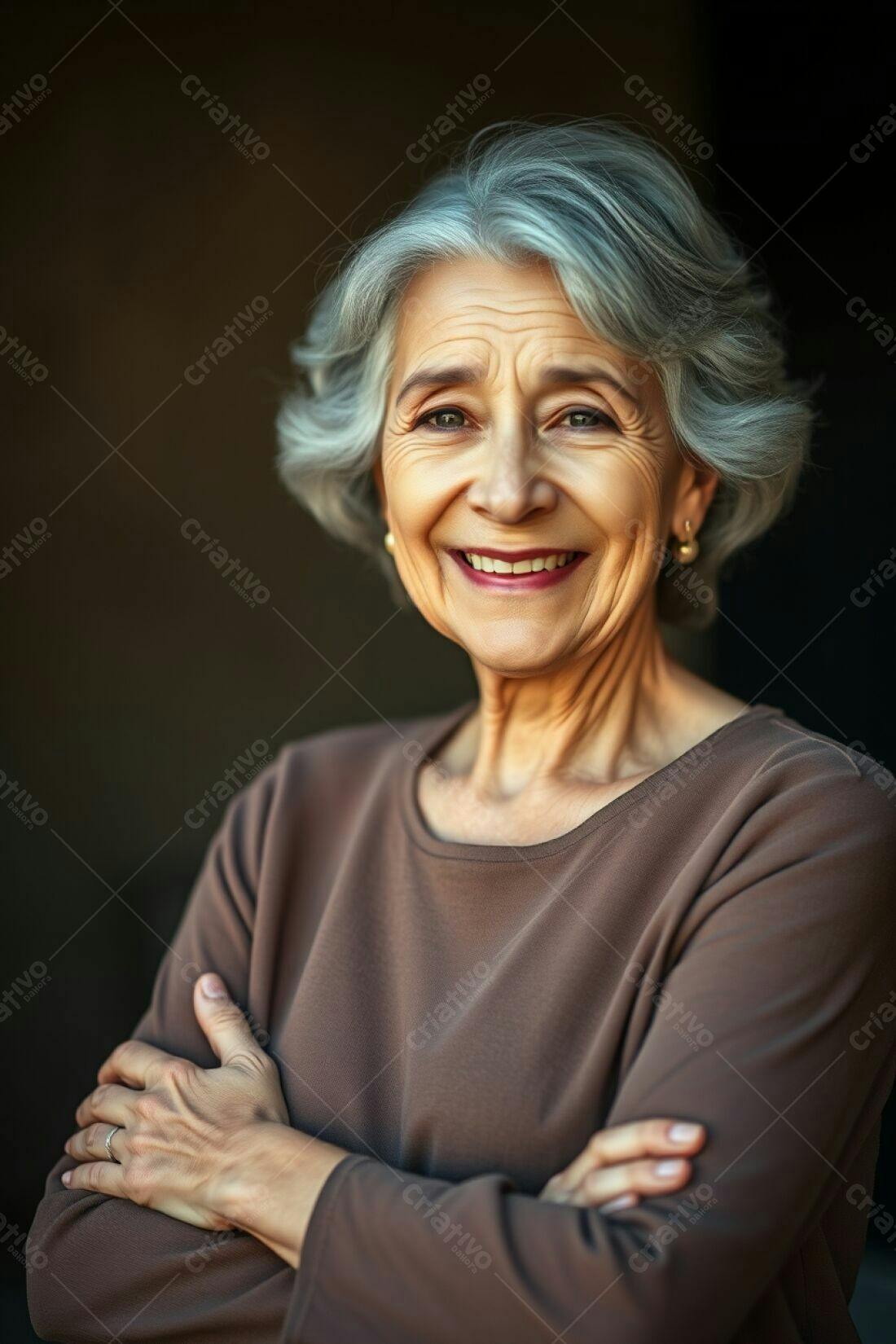 Mulher idosa sorridente com braços cruzados