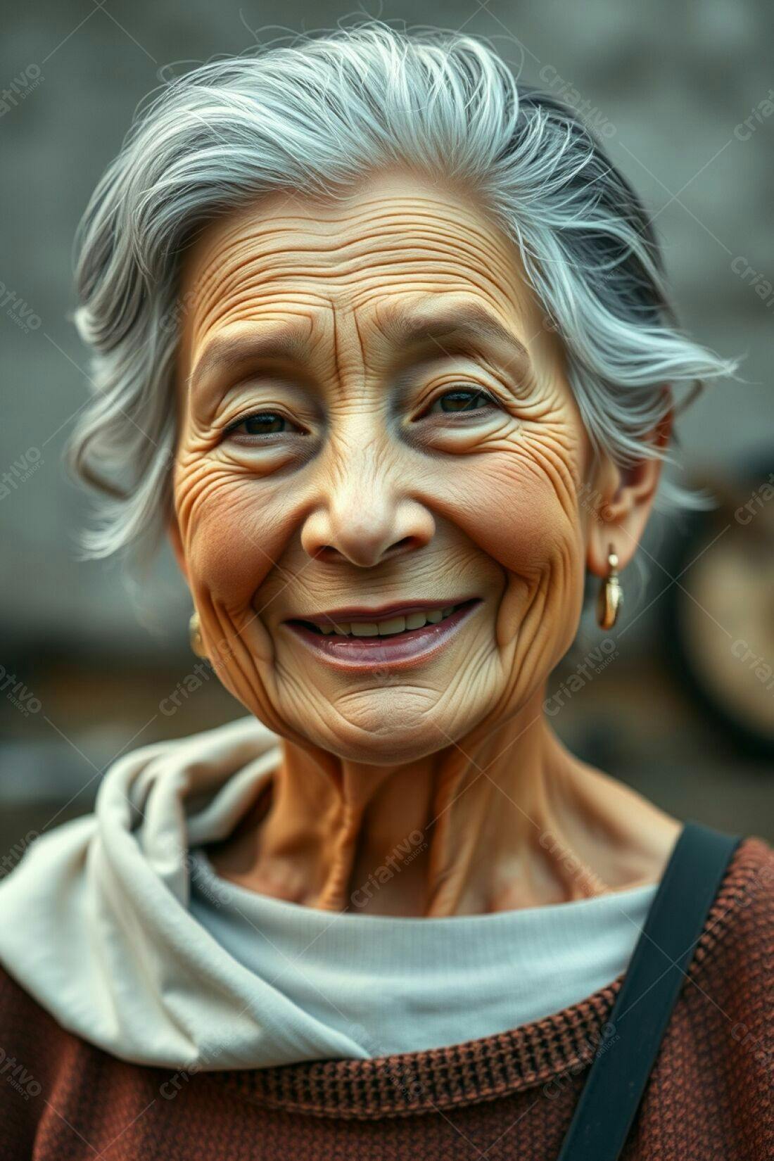 Mulher idosa sorrindo retrato tons terrosos