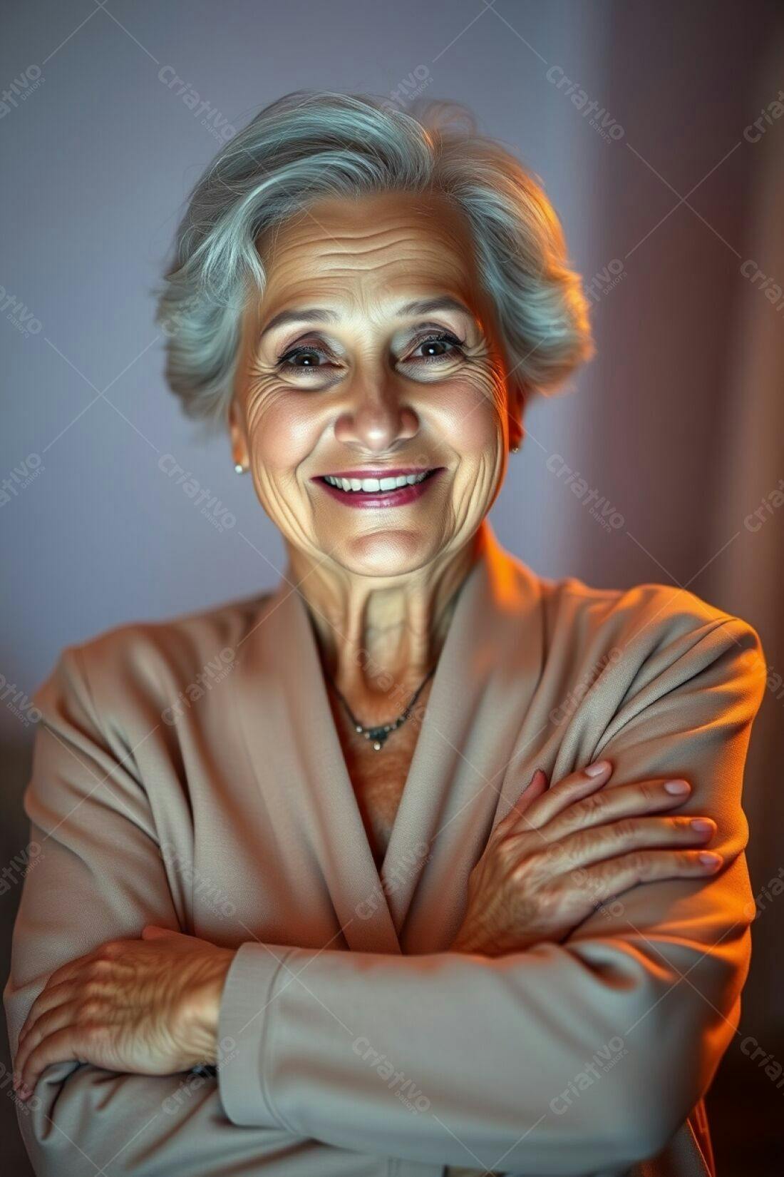Mulher idosa sorridente braços cruzados