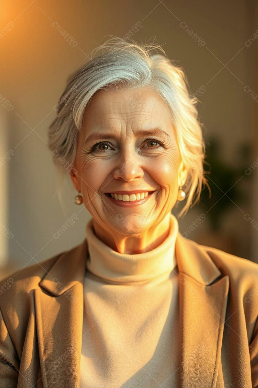 Mulher madura sorrindo luz dourada