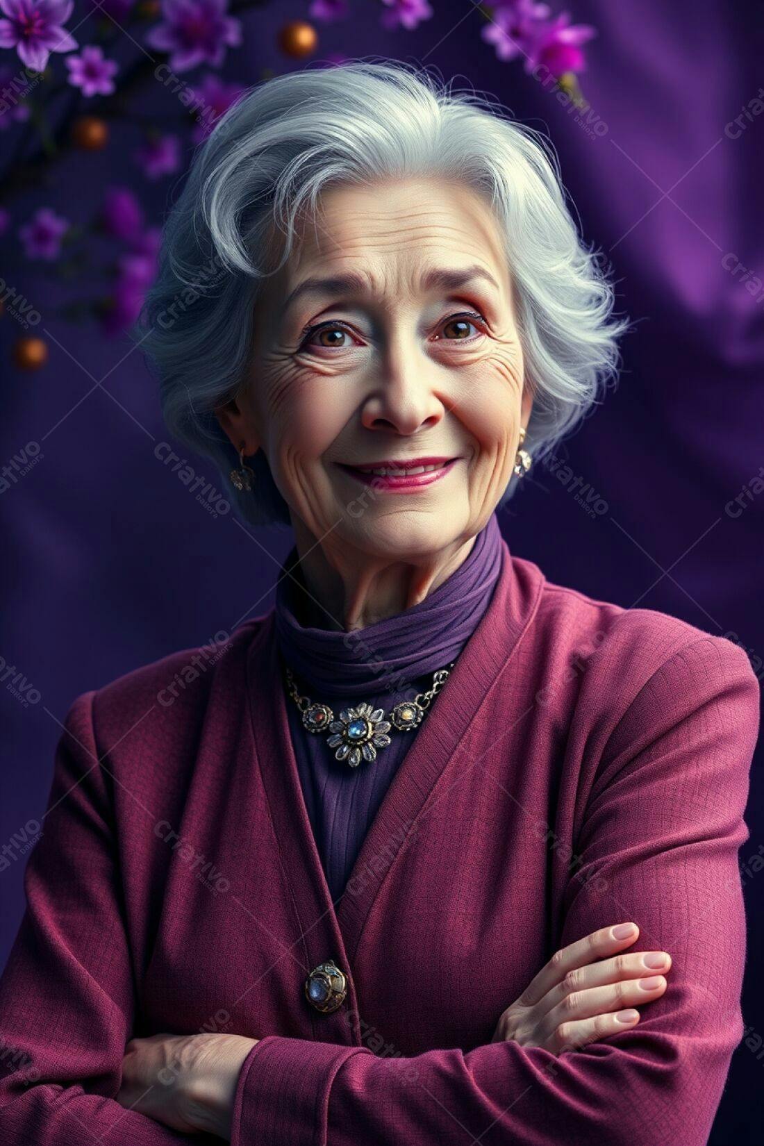Mulher idosa sorridente em fundo roxo