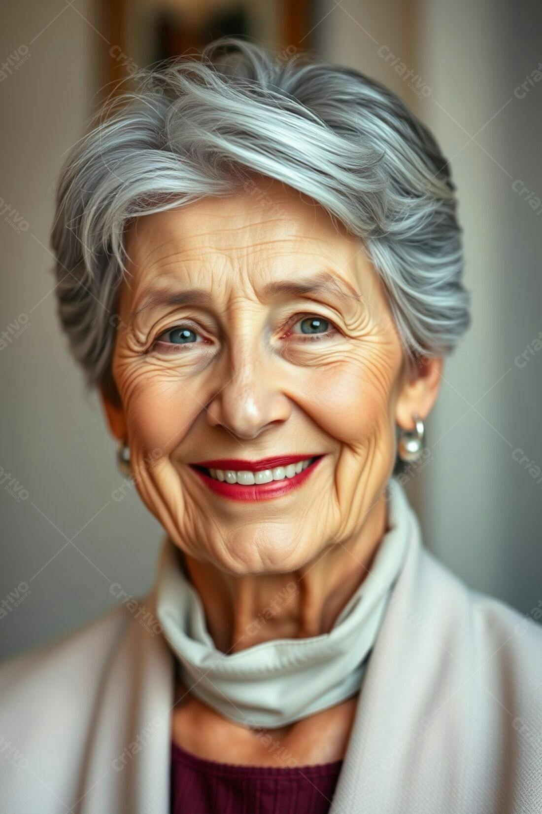 Mulher idosa sorridente cabelo grisalho