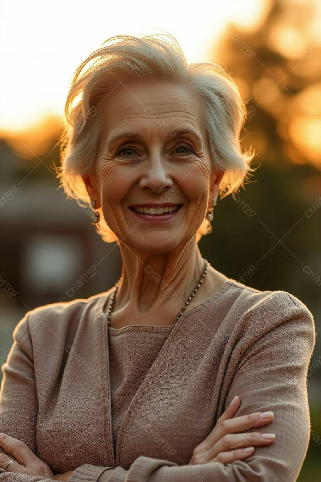 Idosa sorridente ao pôr do sol