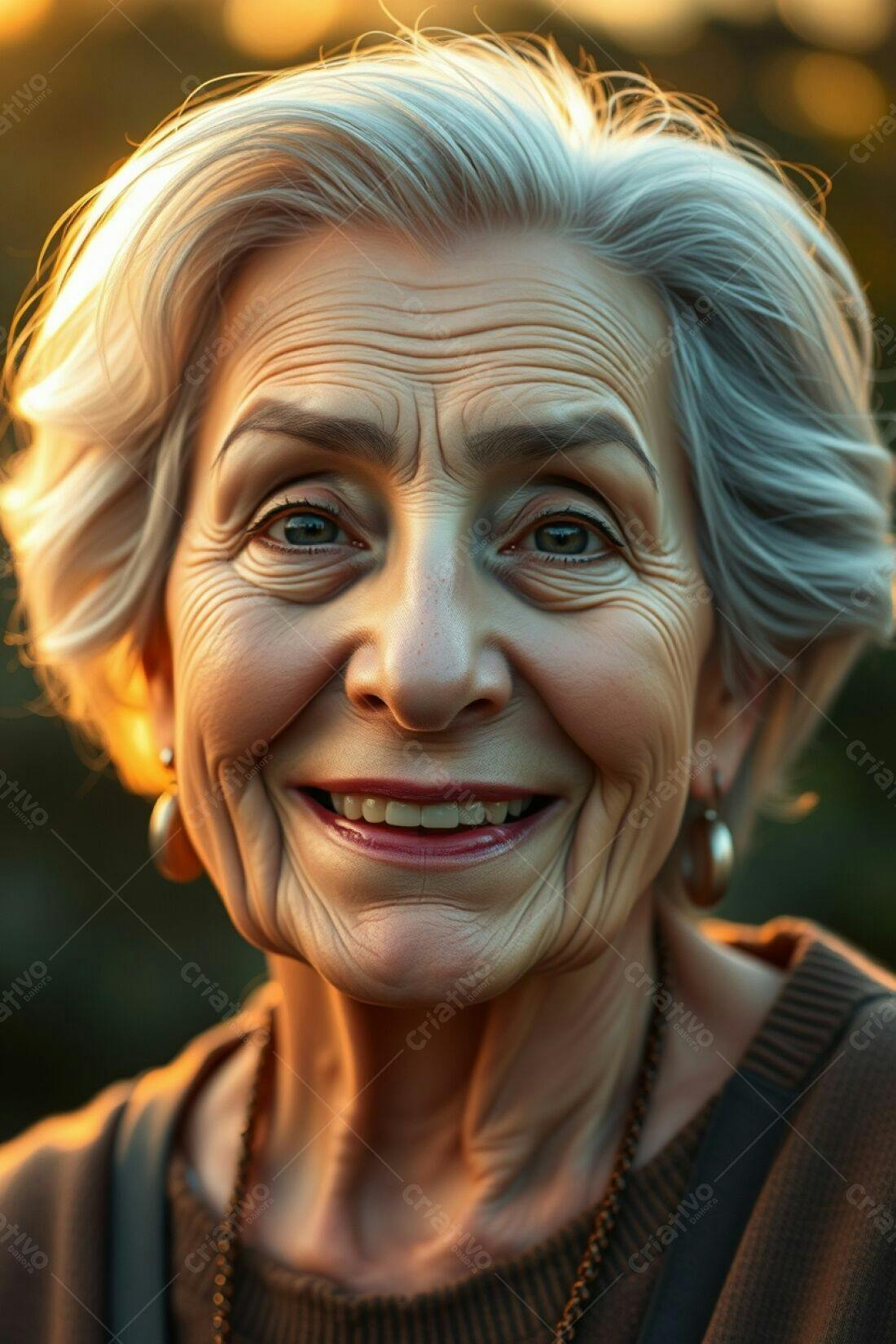 Mulher idosa sorrindo ao entardecer