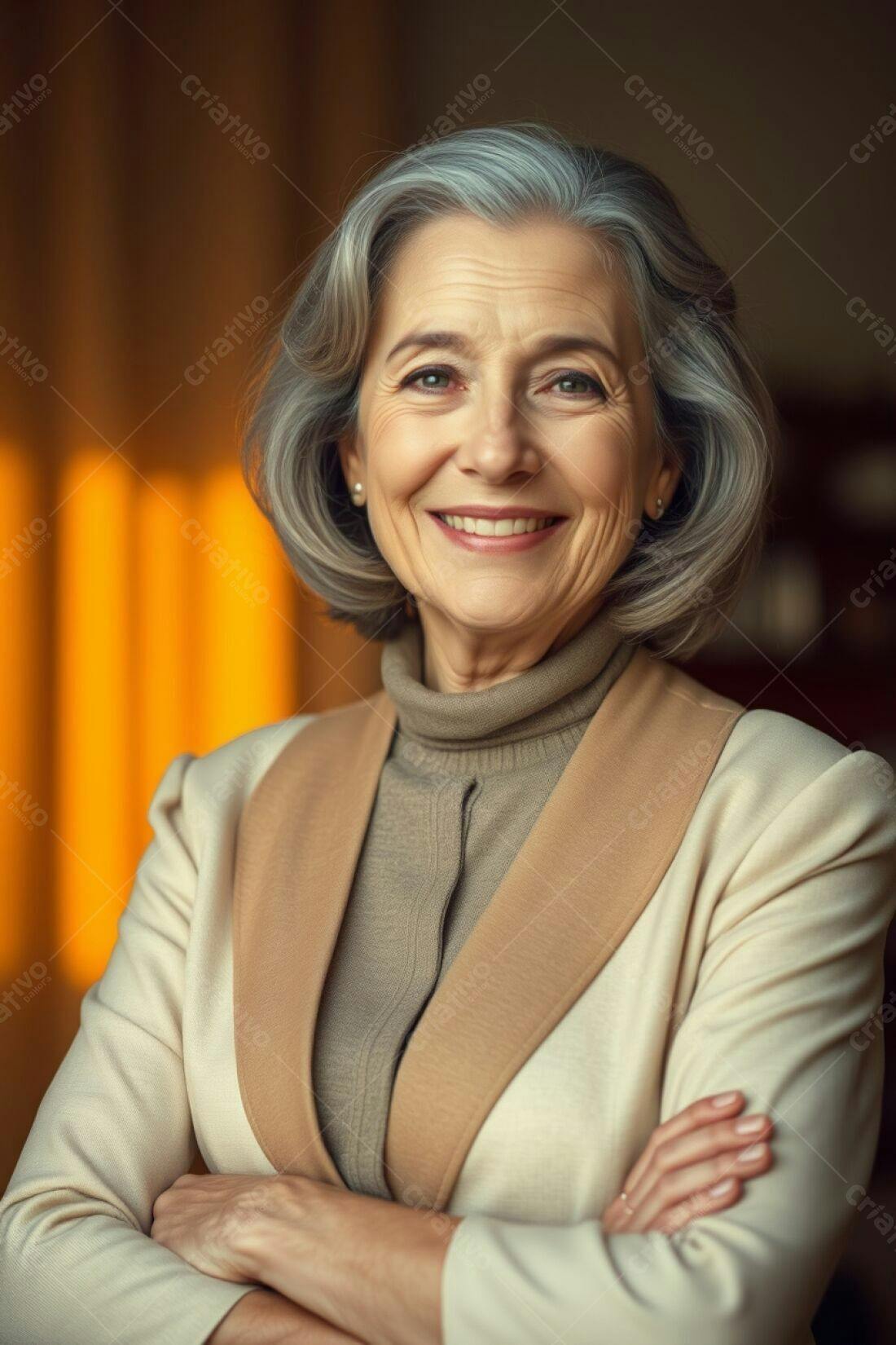 Mulher madura sorridente em blazer bege