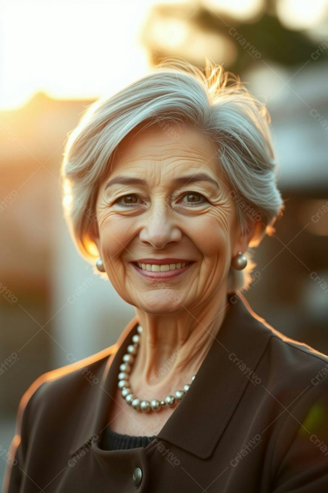 Mulher idosa sorridente ao pôr do sol