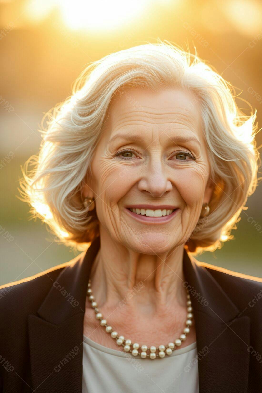 Mulher idosa sorridente ao entardecer