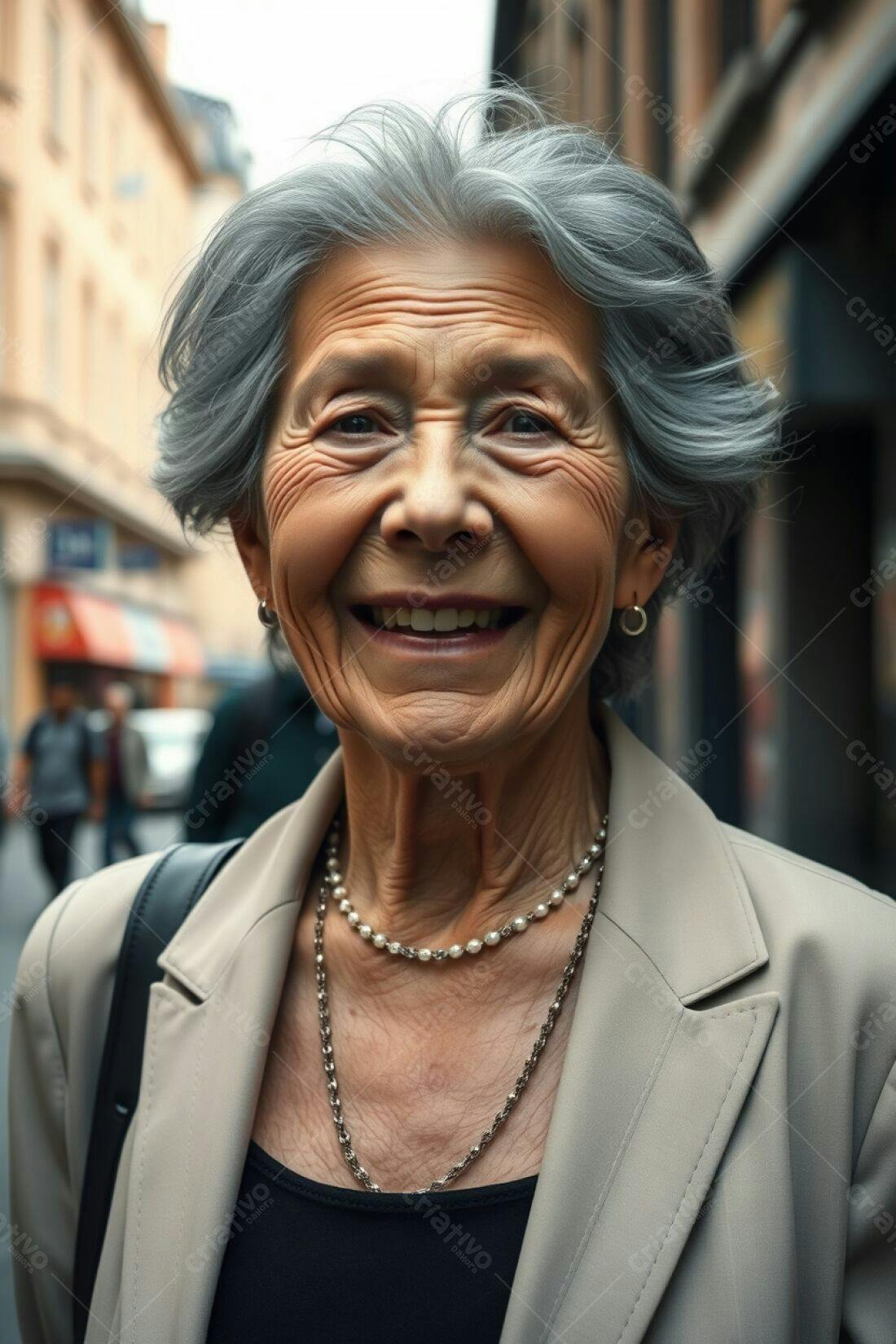 Mulher idosa sorridente na rua cidade