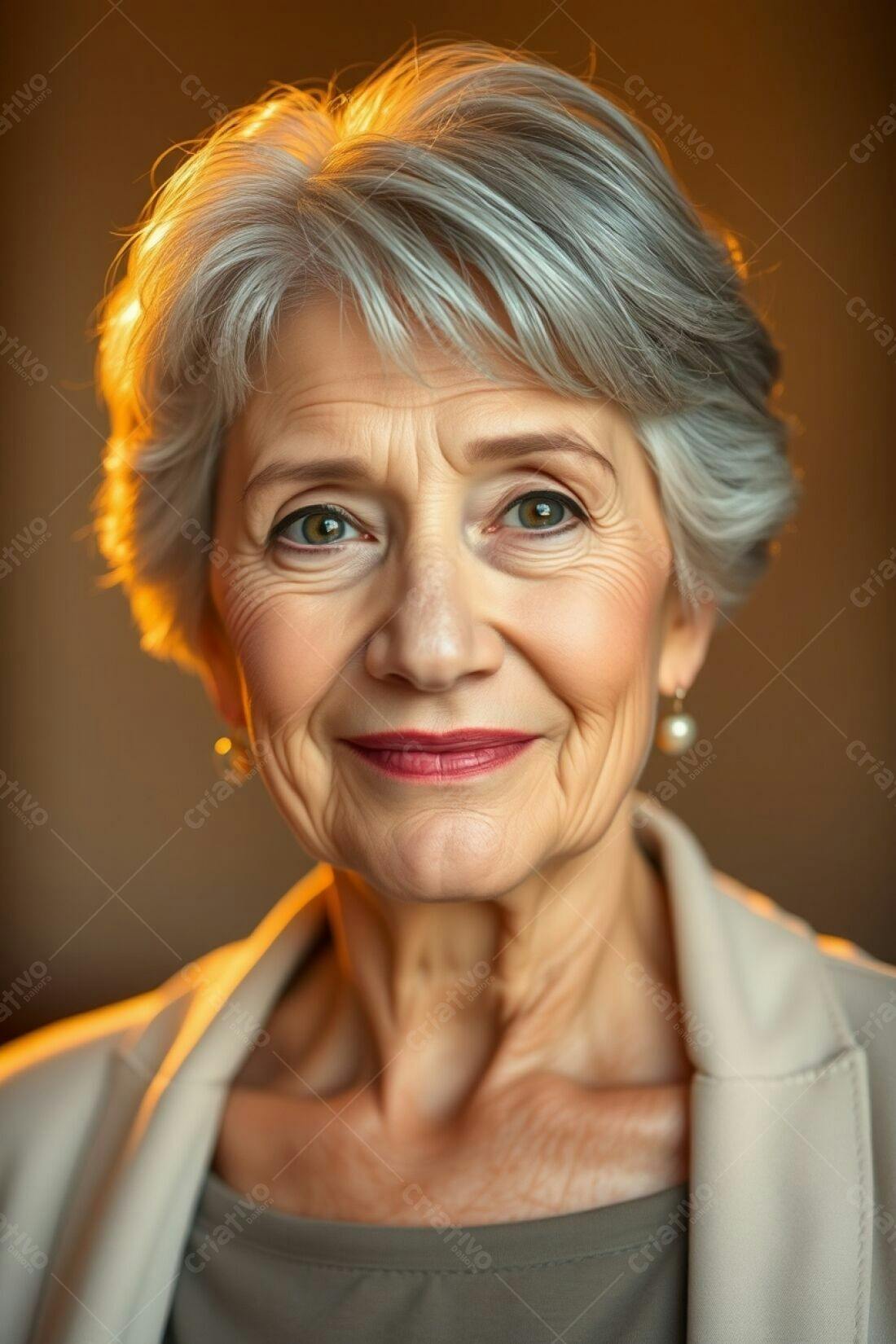 Mulher sénior sorrindo retrato fundo dourado