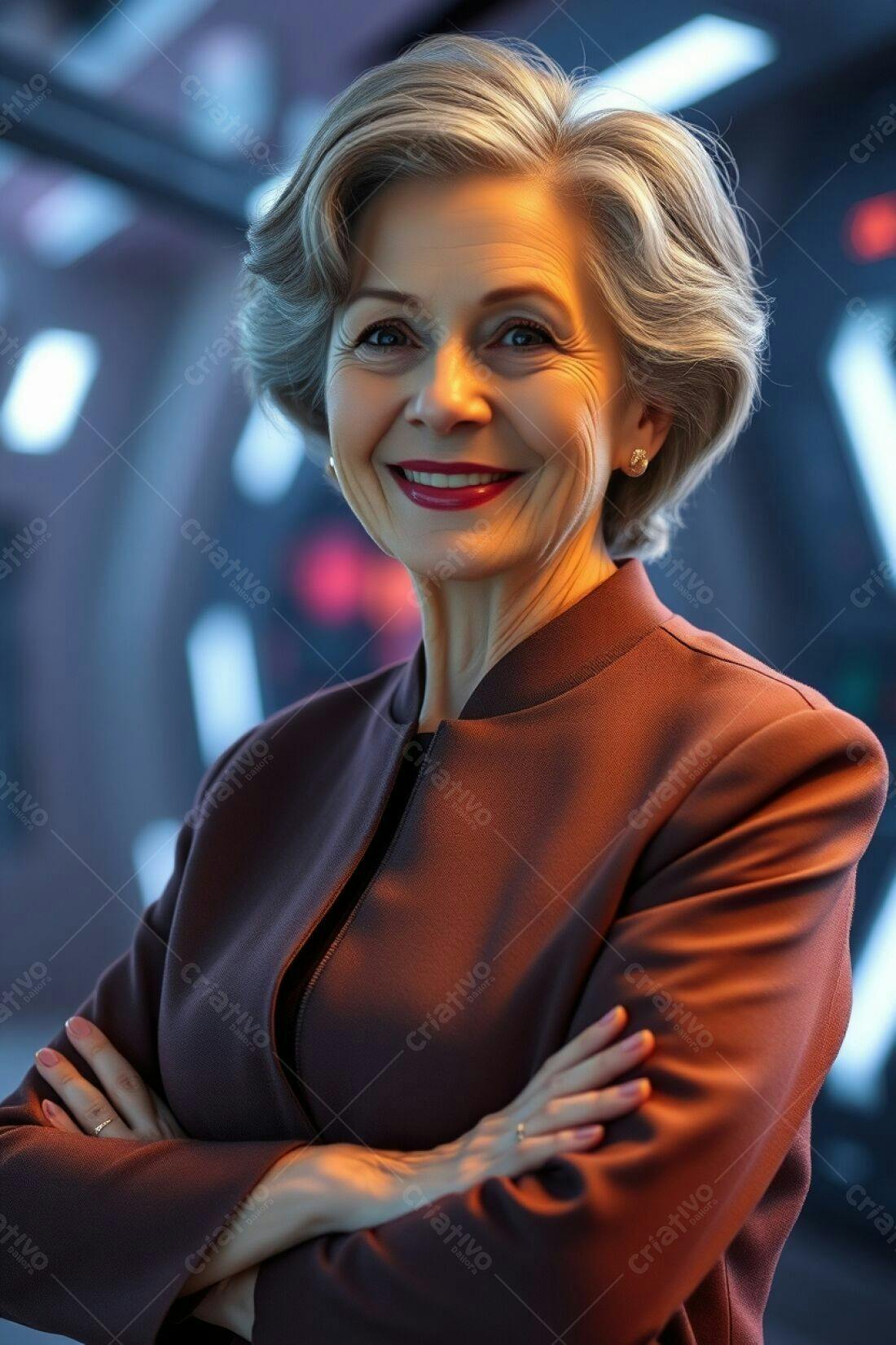 Mulher madura sorrindo com braços cruzados
