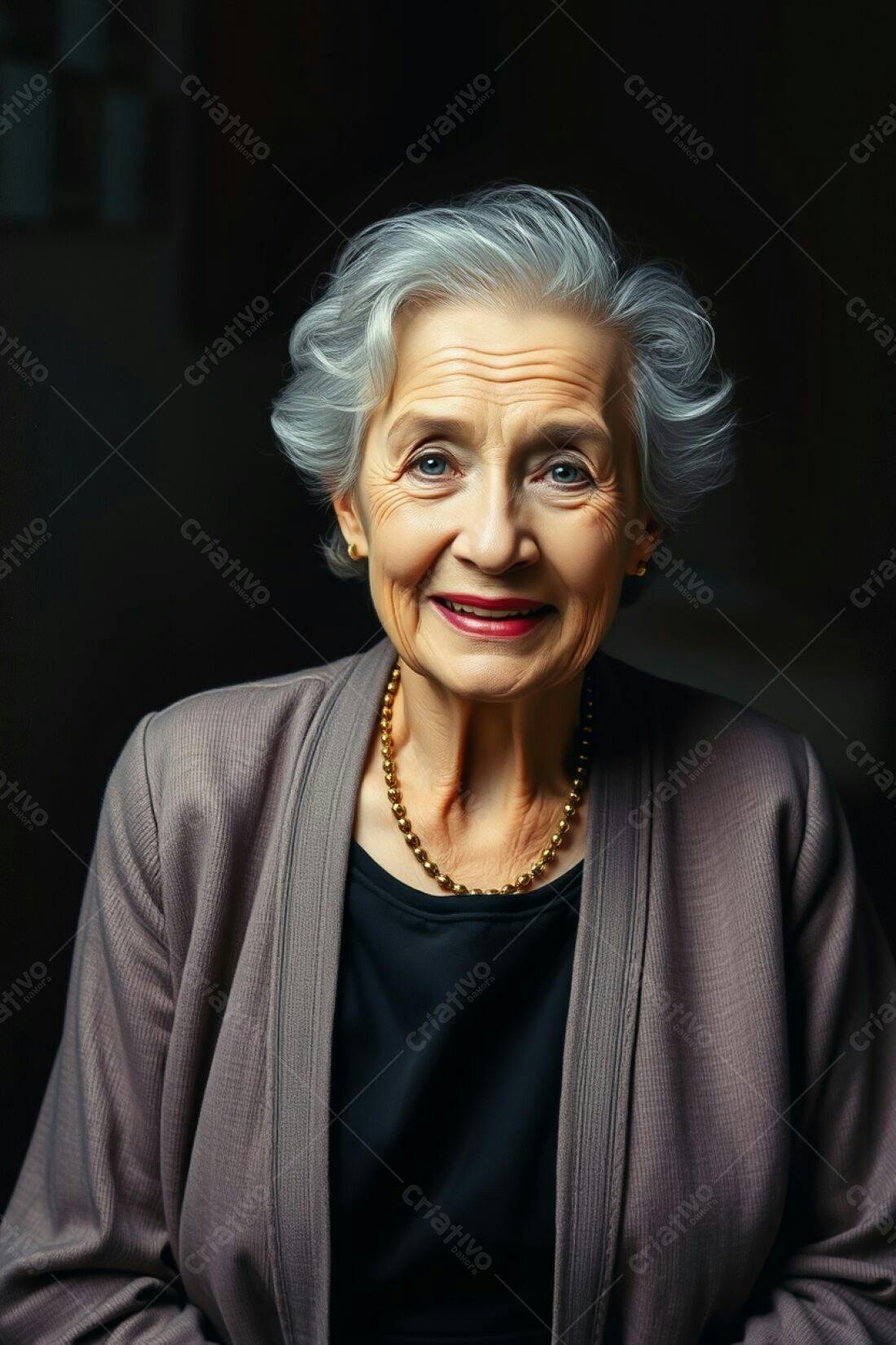 Idosa sorridente com cabelo grisalho e colar dourado