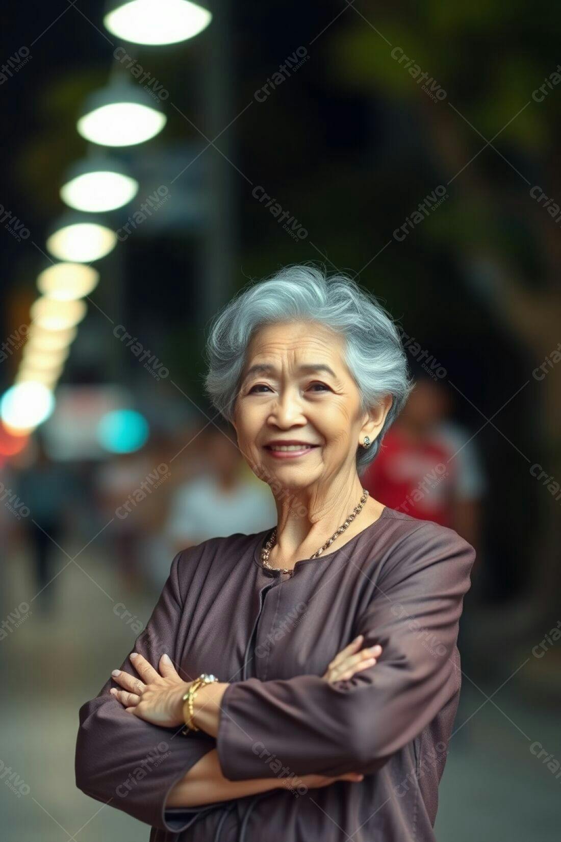 Idosa asiática sorridente braços cruzados noite