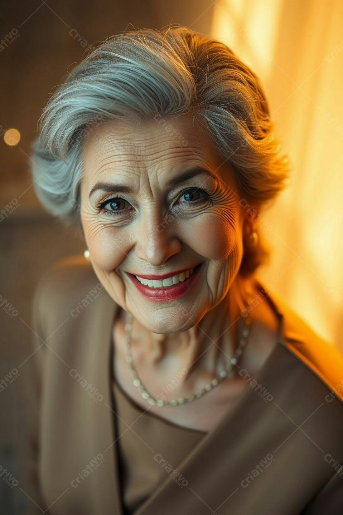 Mulher idosa sorridente fundo dourado