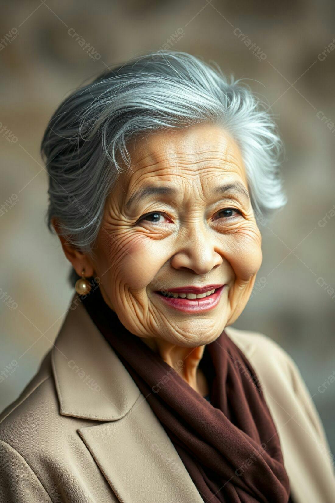 Idosa asiática sorridente com cabelos grisalhos