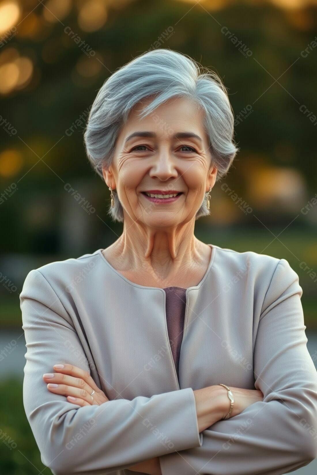 Mulher madura sorrindo em parque ao entardecer