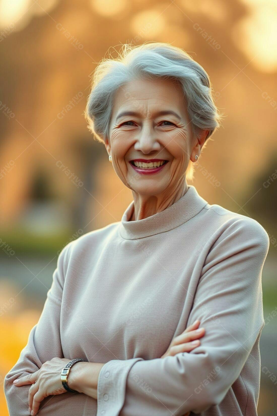 Mulher idosa feliz em parque ao entardecer