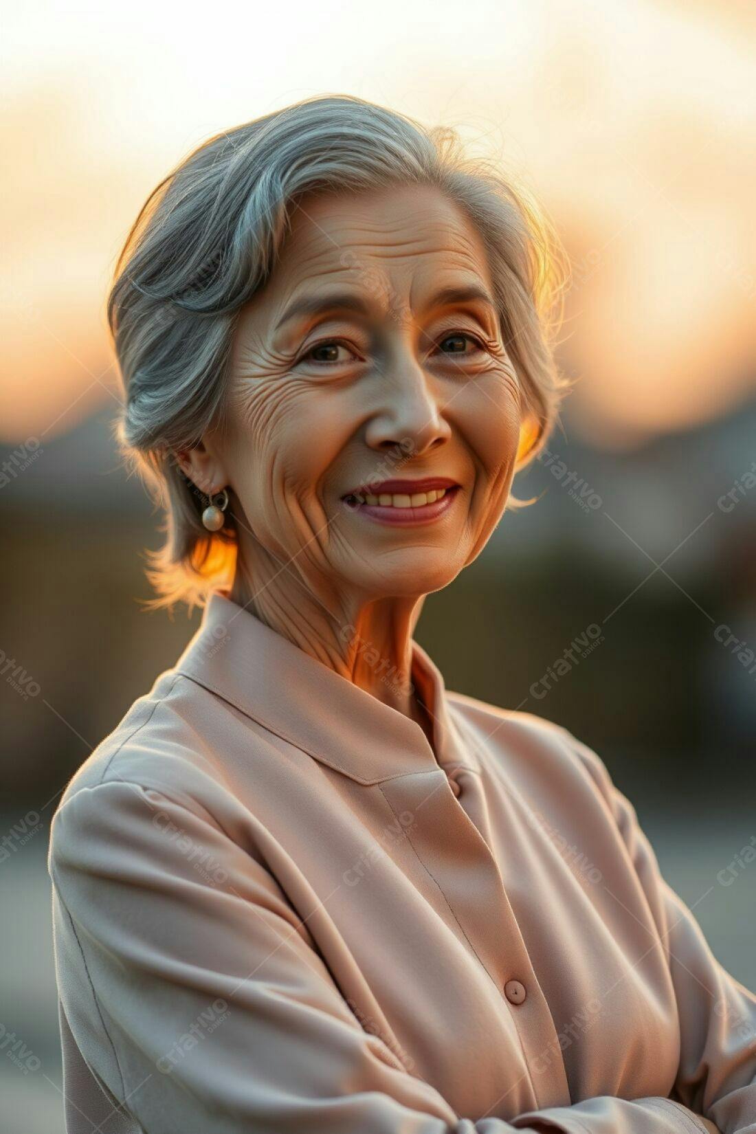 Mulher idosa sorrindo ao entardecer
