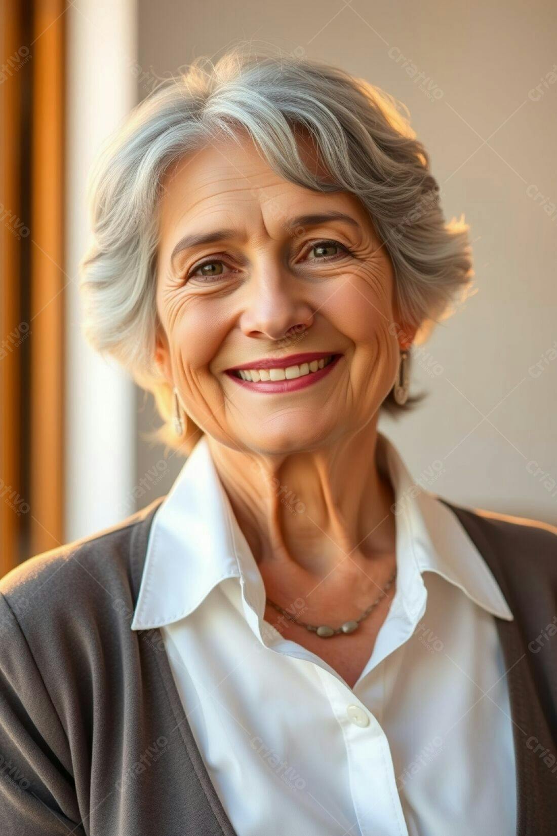 Mulher idosa sorridente cabelos grisalhos