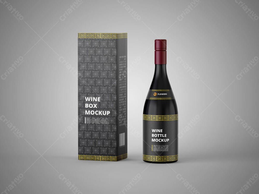 Garrafa De Vinho De Vidro Escuro Com Caixa Mockup