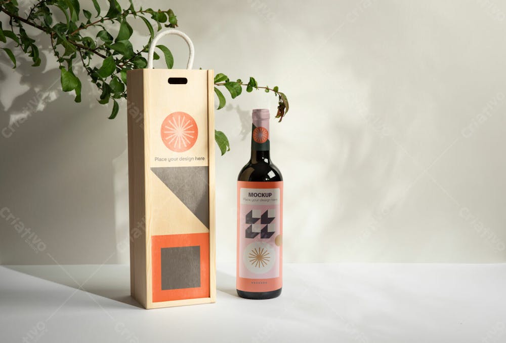 Garrafa De Vinho Em Caixa De Madeira Com Planta Mockup