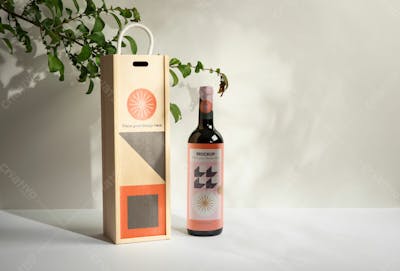 Garrafa De Vinho Em Caixa De Madeira Com Planta Mockup