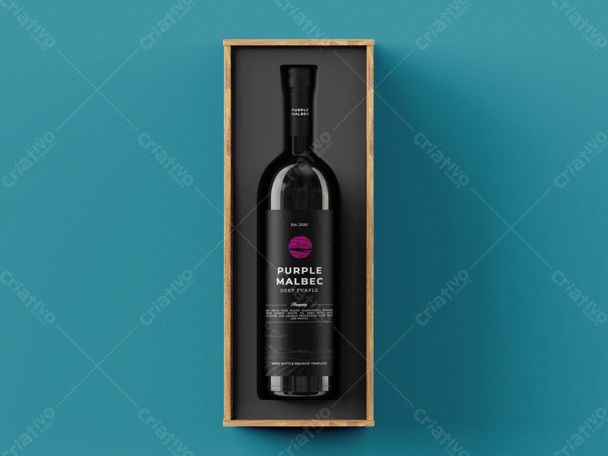 Mockup PSD para Rótulo de Vinho em Caixa de Madeira