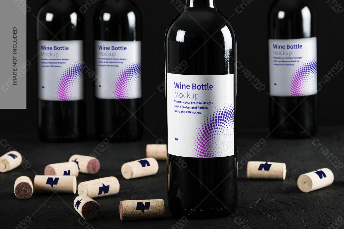 Mockup Garrafa de Vinho com Rolhas PSD Editável