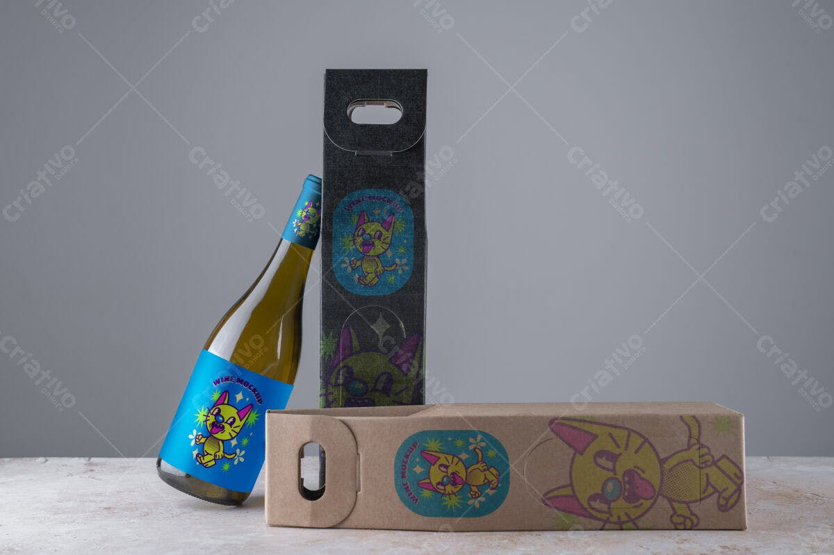 Embalagem para Vinho com Gatinho Cartoon PSD Editável