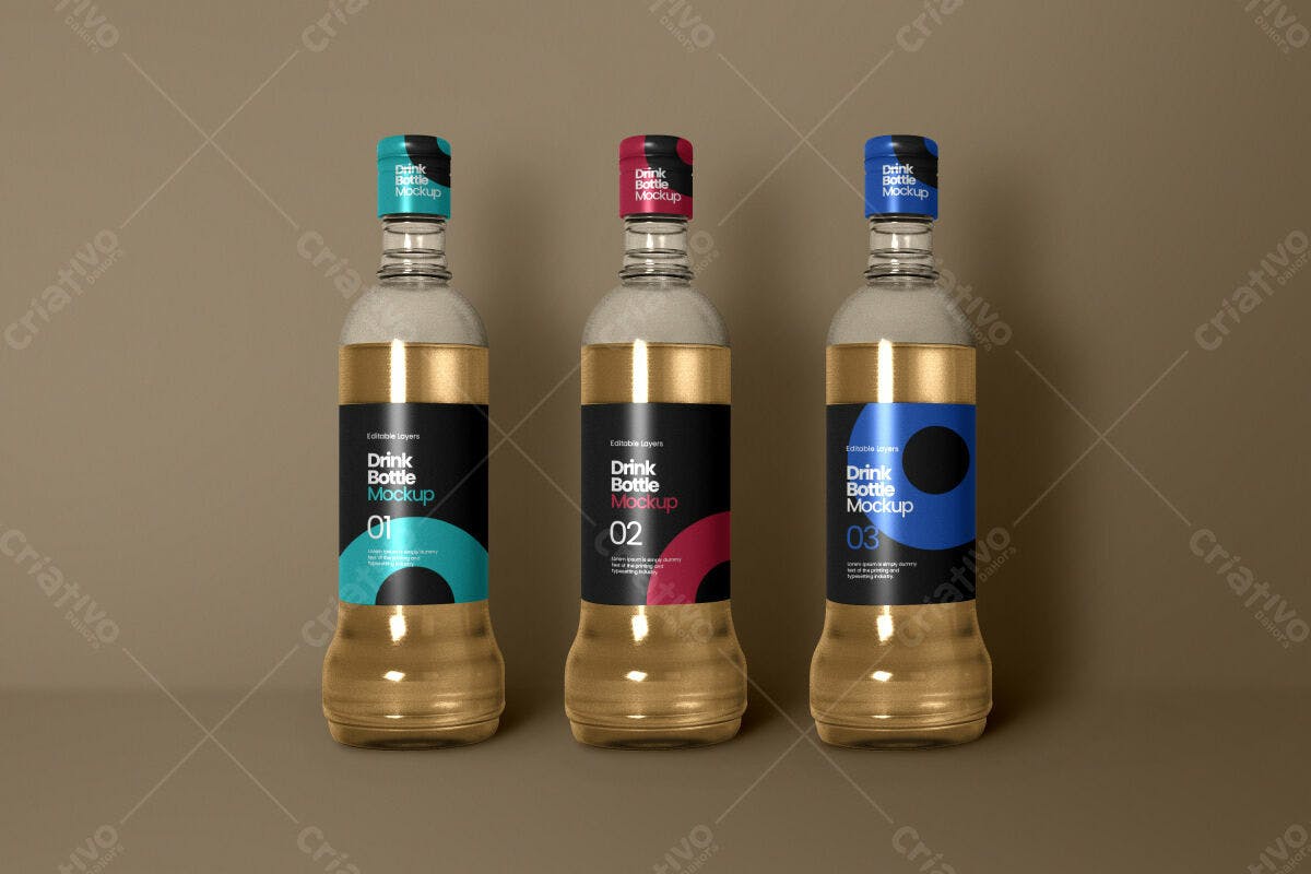 Mockup Garrafa Bebida Dourada PSD Editável
