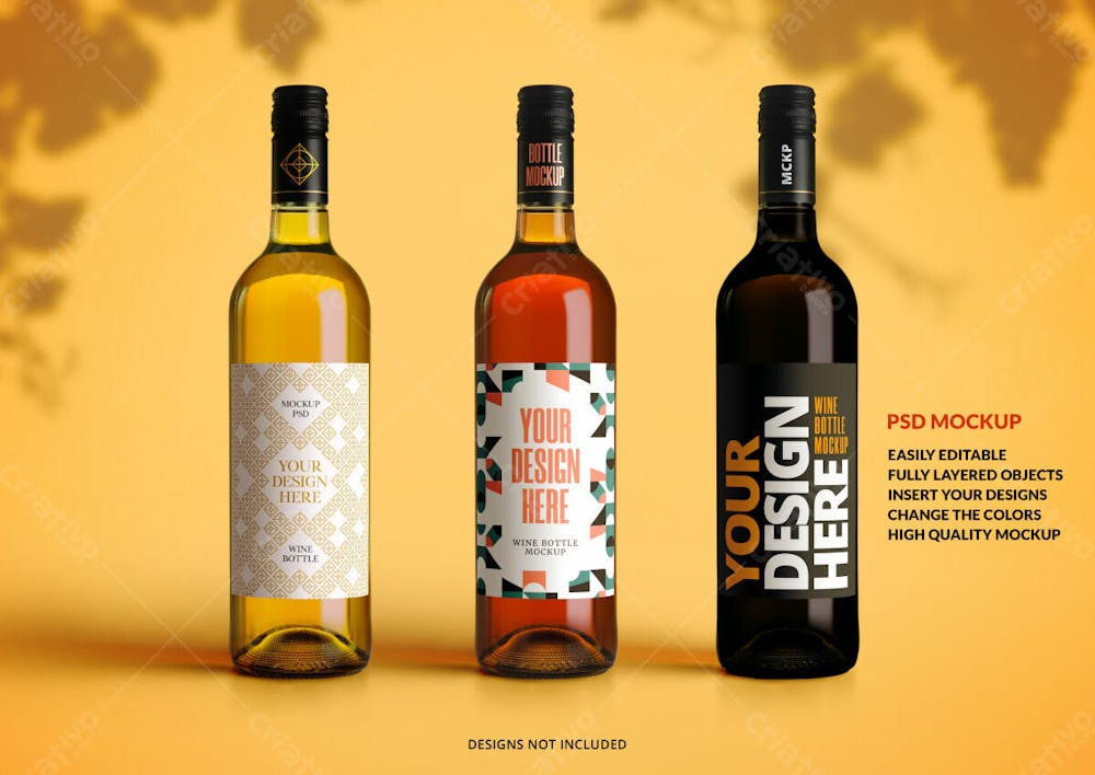 Três Garrafas De Vinho Fundo Amarelo Mockup