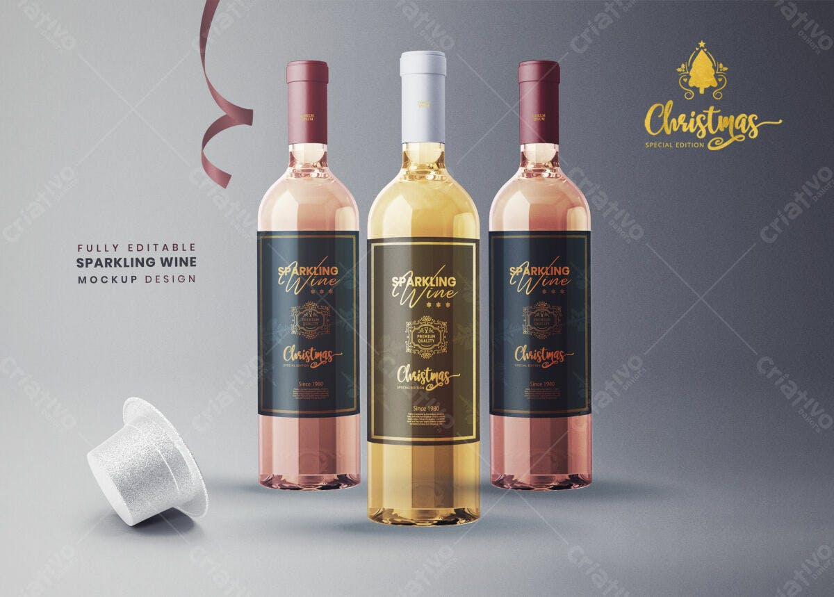 Mockup de Garrafa de Vinho Espumante Natalino PSD Editável