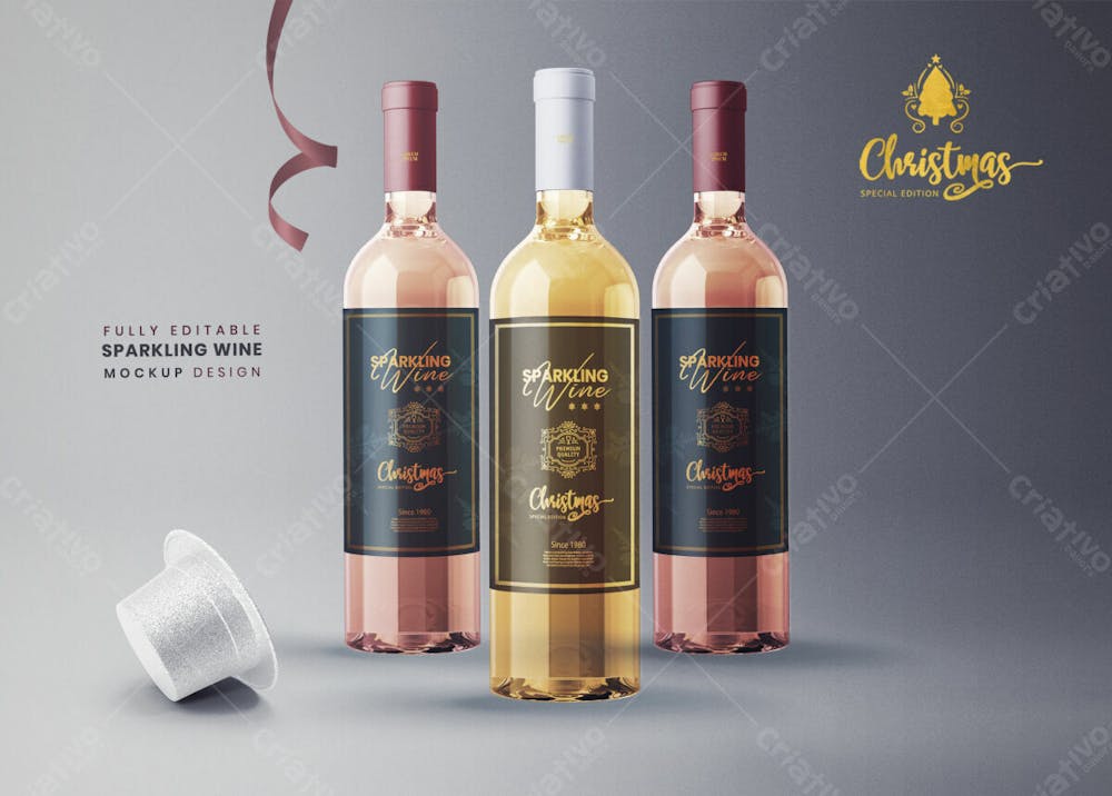 3D Vinho Espumante Champanhe Ano Novo Mockup