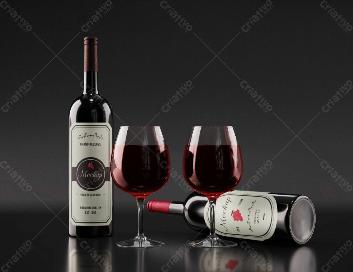 Mockup de Garrafa e Taças de Vinho Tinto PSD Editável