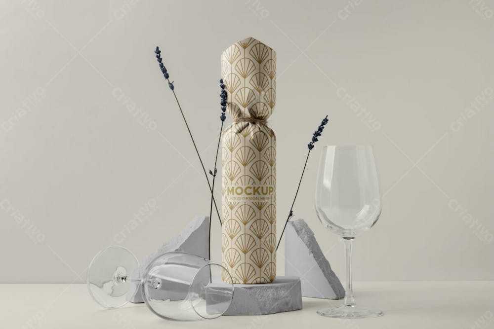 Embalagem De Papel Coberta Com Garrafa De Vinho E Display De Pedra Mockup