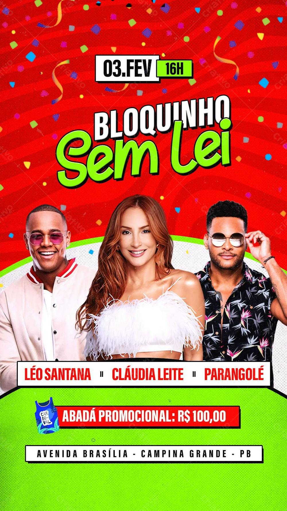 Flyer Carnaval PSD  Bloquinho Sem Lei Stories Editável