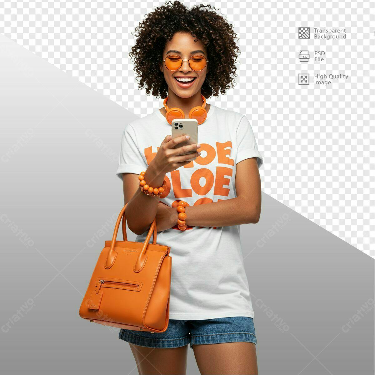 Mockup de Mulher com Bolsa Laranja e Celular PSD Editável