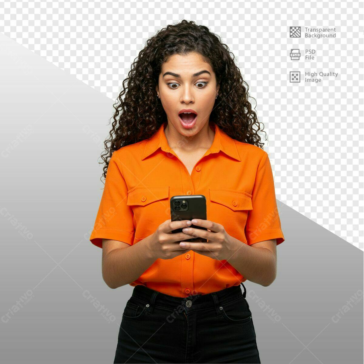 PSD Mulher Surpresa com Celular para Redes Sociais PSD Editável