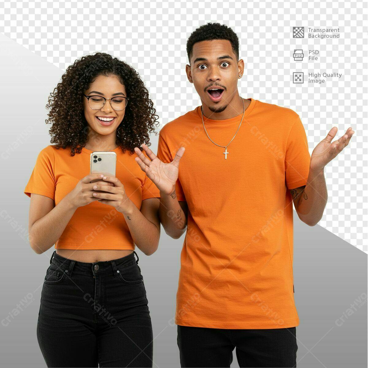 Mockup de Casal com Celular Laranja PSD Editável