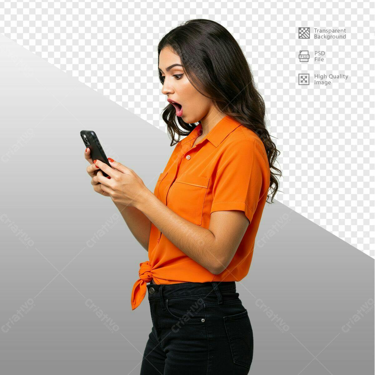 PSD para Mockup de Mulher Surpresa com Celular Editável